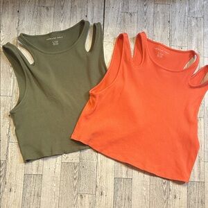 2 American Eagle Ribbed Tank Tops in Olive and Coral size XL